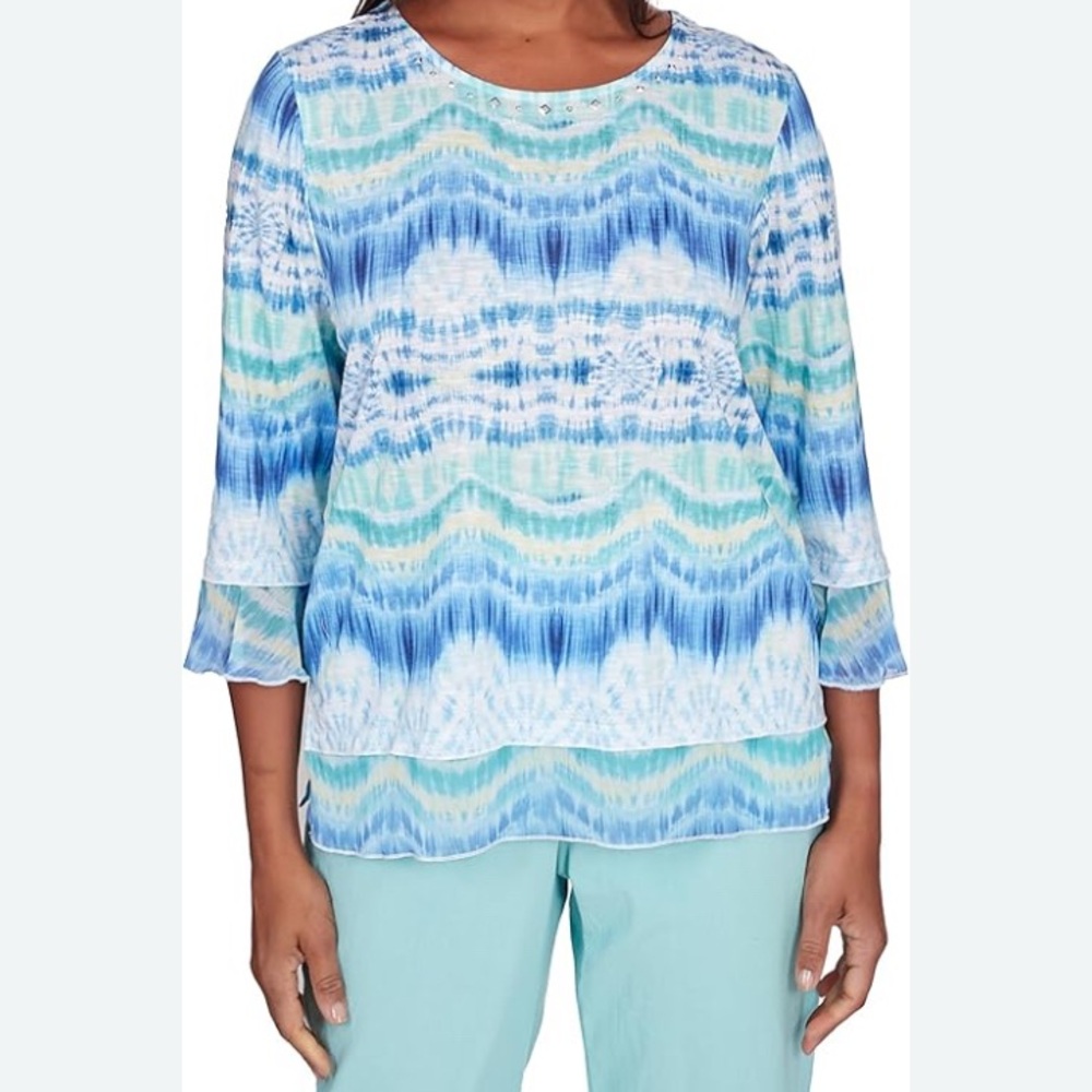 Alfred Dunner Hyannisport Tie Dye Top PL Blue/Green Striped Embellished Neckline
